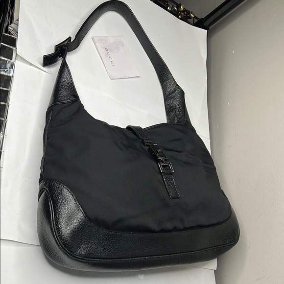 Gucci Handbags - Gucci Jackie Black Nylon Pebbled Leather Black Metal Piston Closure Shoulder Bag